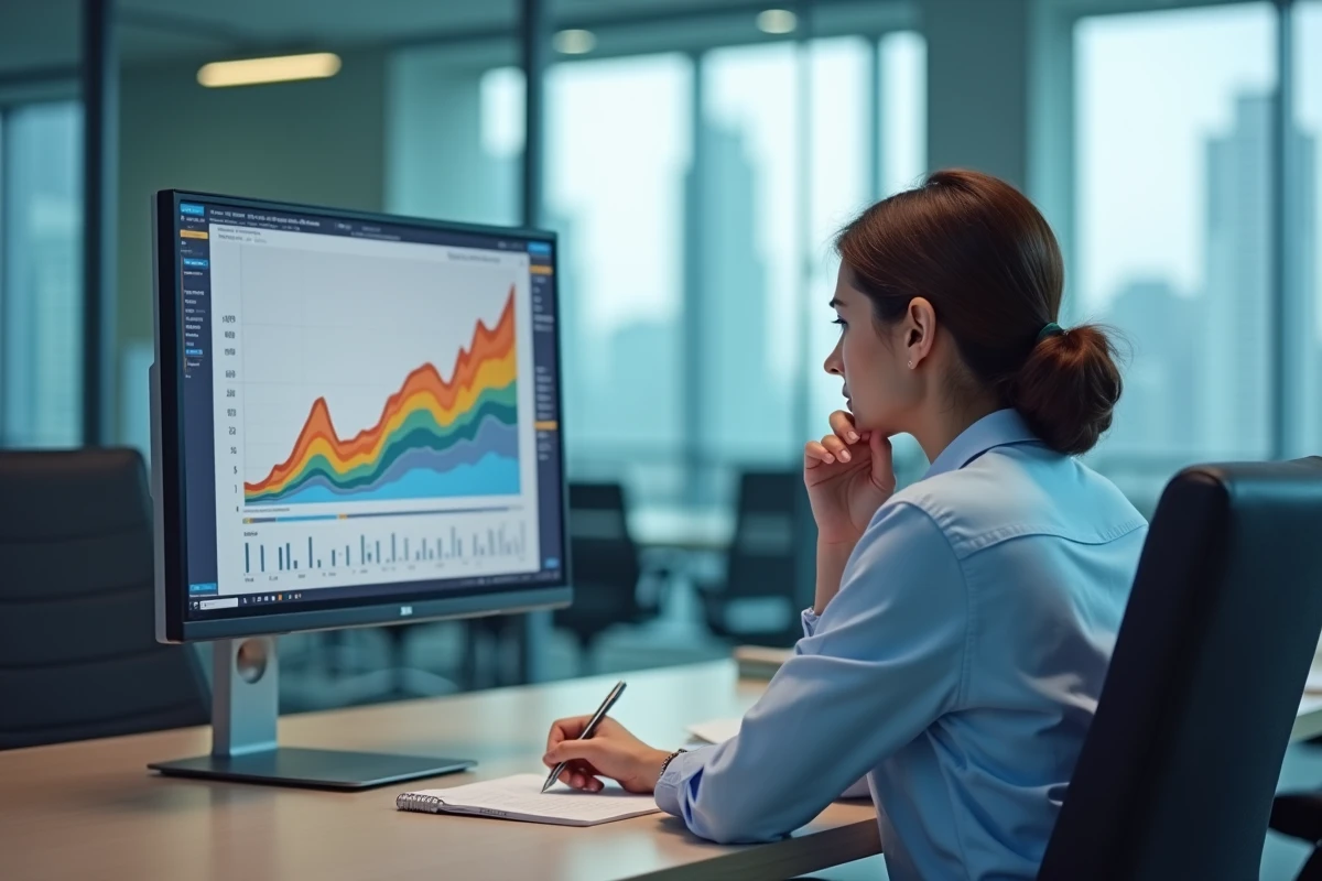 Femme en réunion professionnelle analyse un graphique coloré