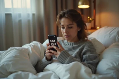 Femme somnolente regardant une alarme iPhone au réveil dans une chambre cosy