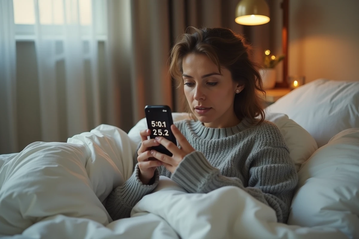 Femme somnolente regardant une alarme iPhone au réveil dans une chambre cosy