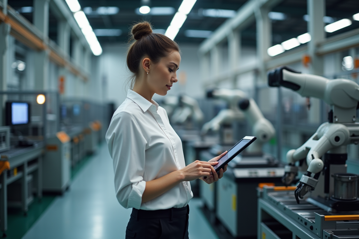 Femme surveillant une ligne de fabrication robotisee