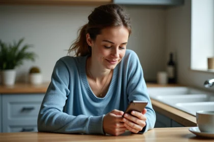 Femme en cuisine regardant son smartphone