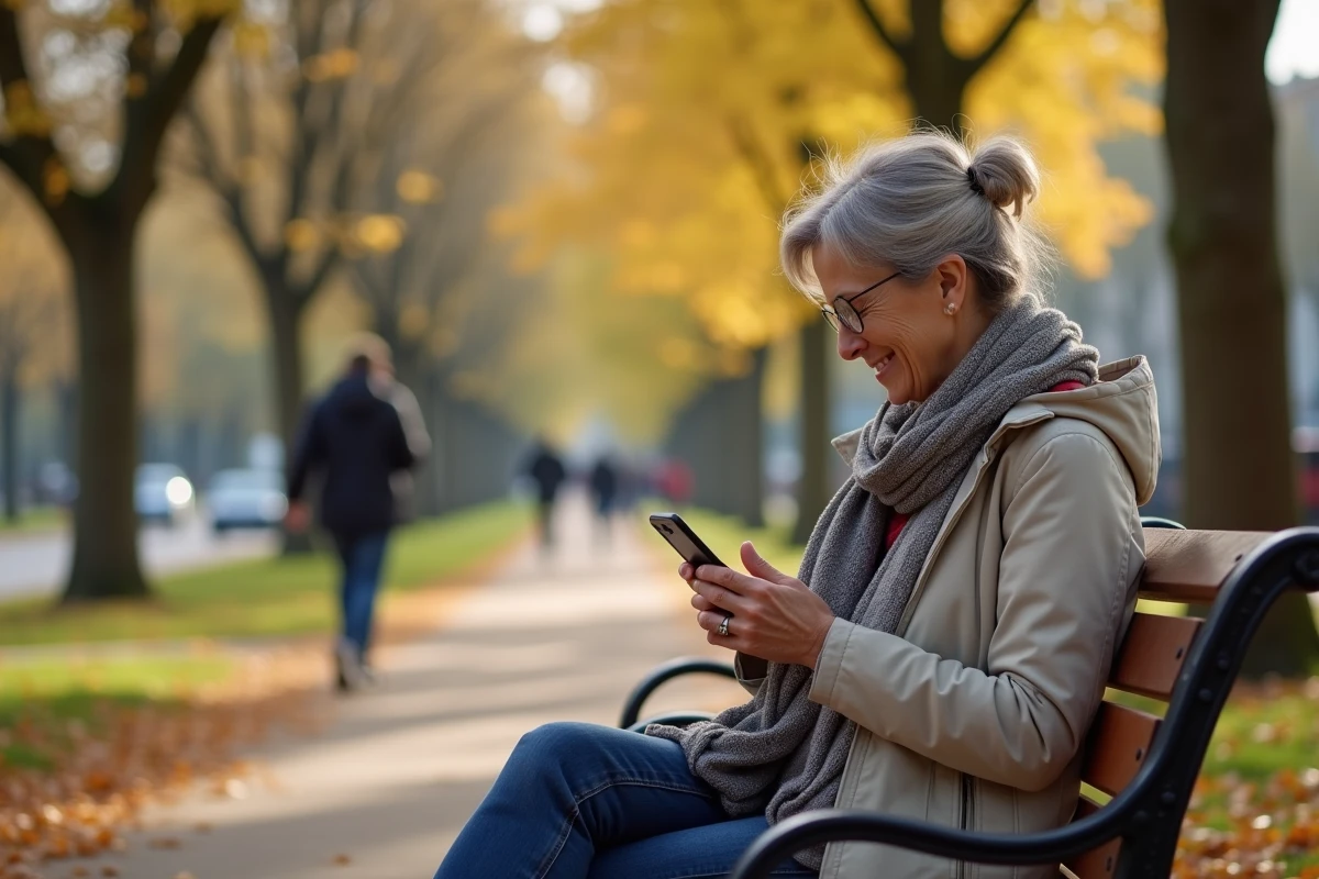 Femme assise sur un banc dans un parc urbain automne