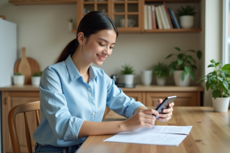 Jeune femme scannant un document à la maison