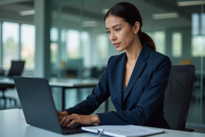 Femme d affaires examine des consignes de cybersécurité