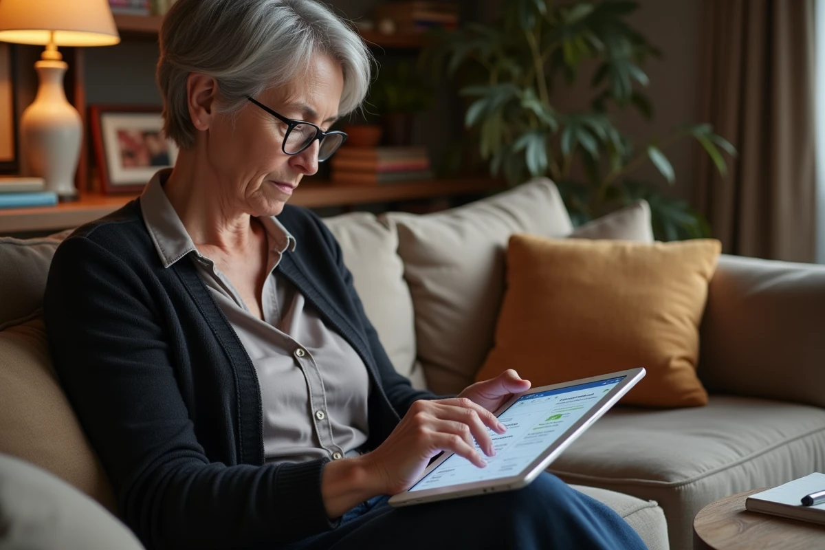 Femme senior naviguant sur le portail Melanie2web depuis son salon avec une tablette numérique
