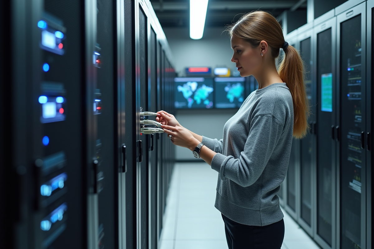Femme dans salle serveurs examine câbles réseau IPsec et VPN