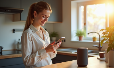 Jeune femme souriante dans une cuisine moderne avec smartphone