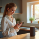 Jeune femme souriante dans une cuisine moderne avec smartphone
