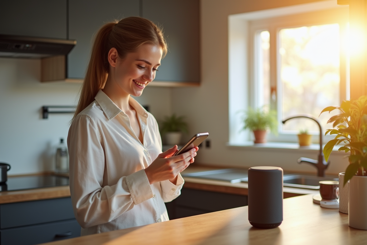 Jeune femme souriante dans une cuisine moderne avec smartphone