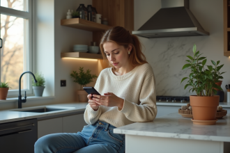 Jeune femme concentrée sur son smartphone dans la cuisine