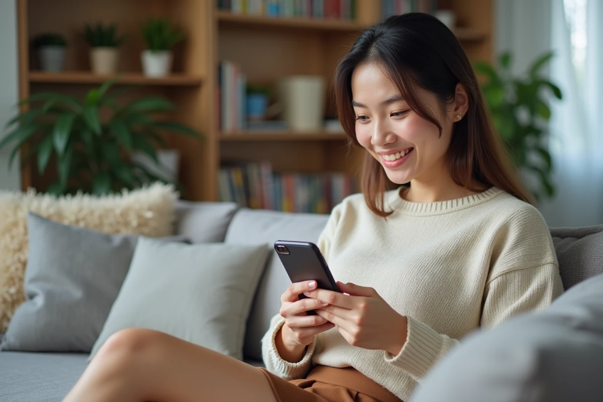 Femme dans son salon regardant son smartphone pour mise a jour