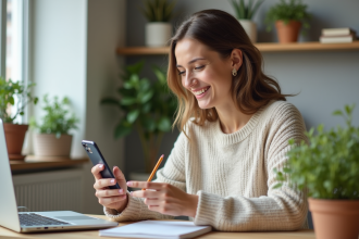 Jeune femme souriante dans un bureau moderne et lumineux