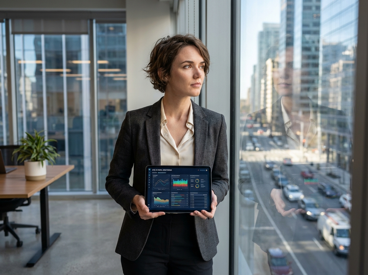 Femme regardant un tableau de bord AI devant une grande fenêtre