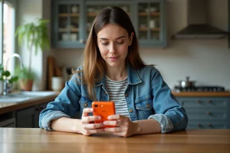Femme regardant un téléphone Walkman orange dans la cuisine