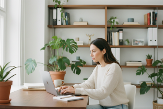 Femme travaillant sur un ordinateur dans un bureau lumineux