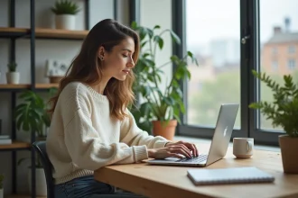 Jeune femme travaillant sur un ordinateur dans un bureau lumineux
