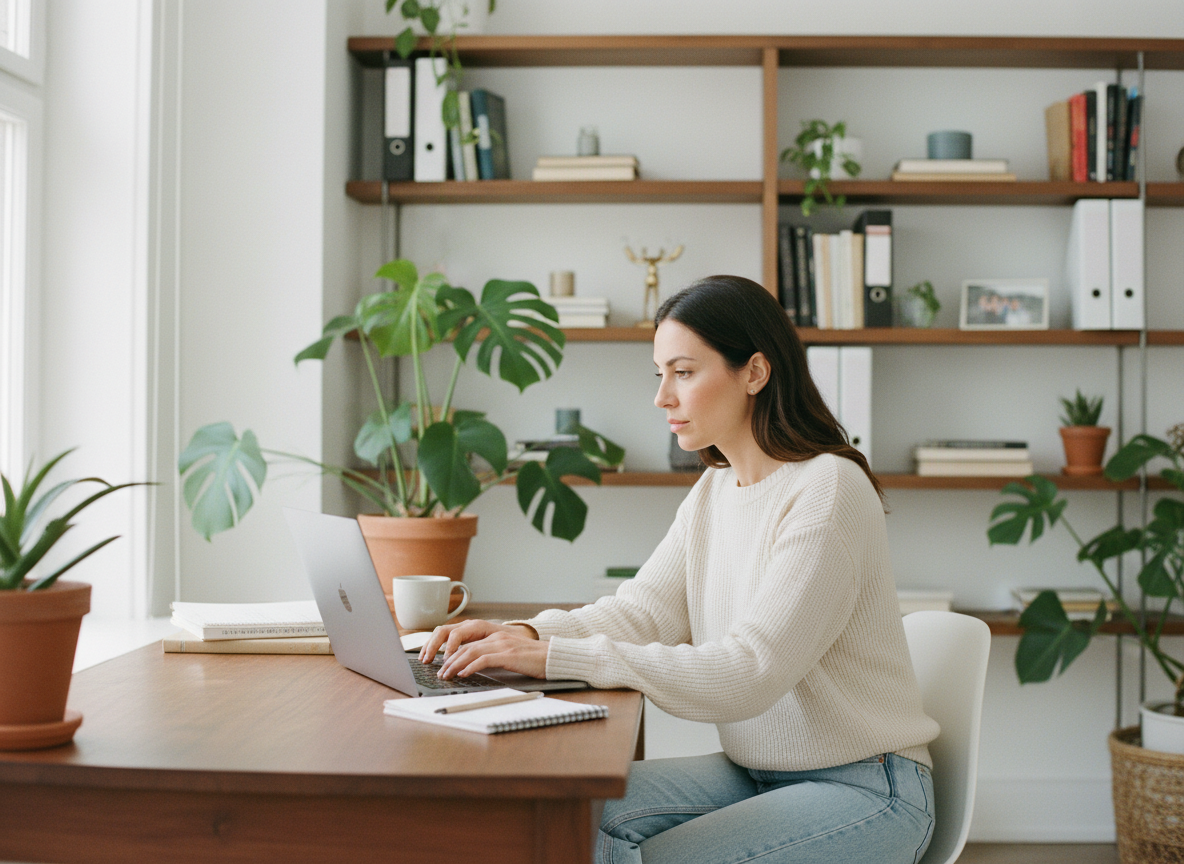Femme travaillant sur un ordinateur dans un bureau lumineux