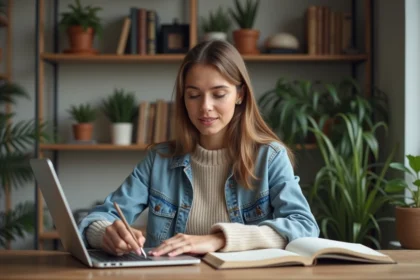 Jeune femme travaillant à domicile sur son ordinateur portable