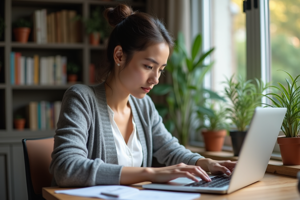 Jeune femme analysant une image sur son ordinateur portable