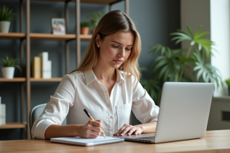 Jeune femme concentrée travaillant sur son ordinateur dans un bureau lumineux