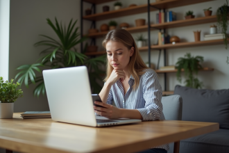 Jeune femme travaillant sur son ordinateur à la maison