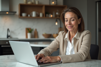 Femme d'âge moyen travaillant sur son ordinateur en cuisine