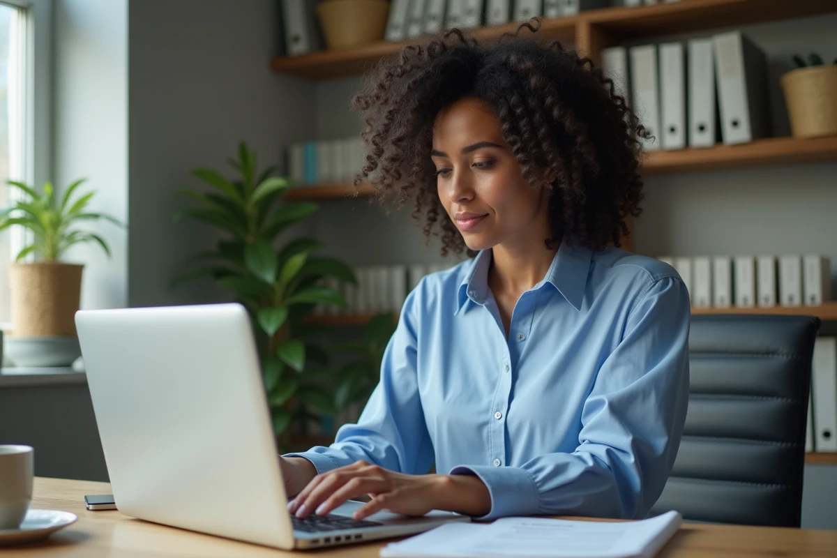 Femme concentrée tapant une formule de soustraction sur son ordinateur