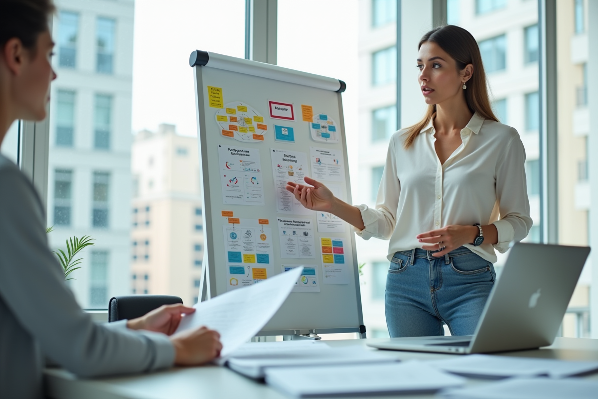 Femme expliquant des idées SEO devant un tableau blanc