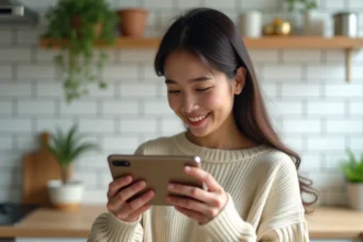 Jeune femme filmant une vidéo avec le Xiaomi 15 dans une cuisine moderne et lumineuse