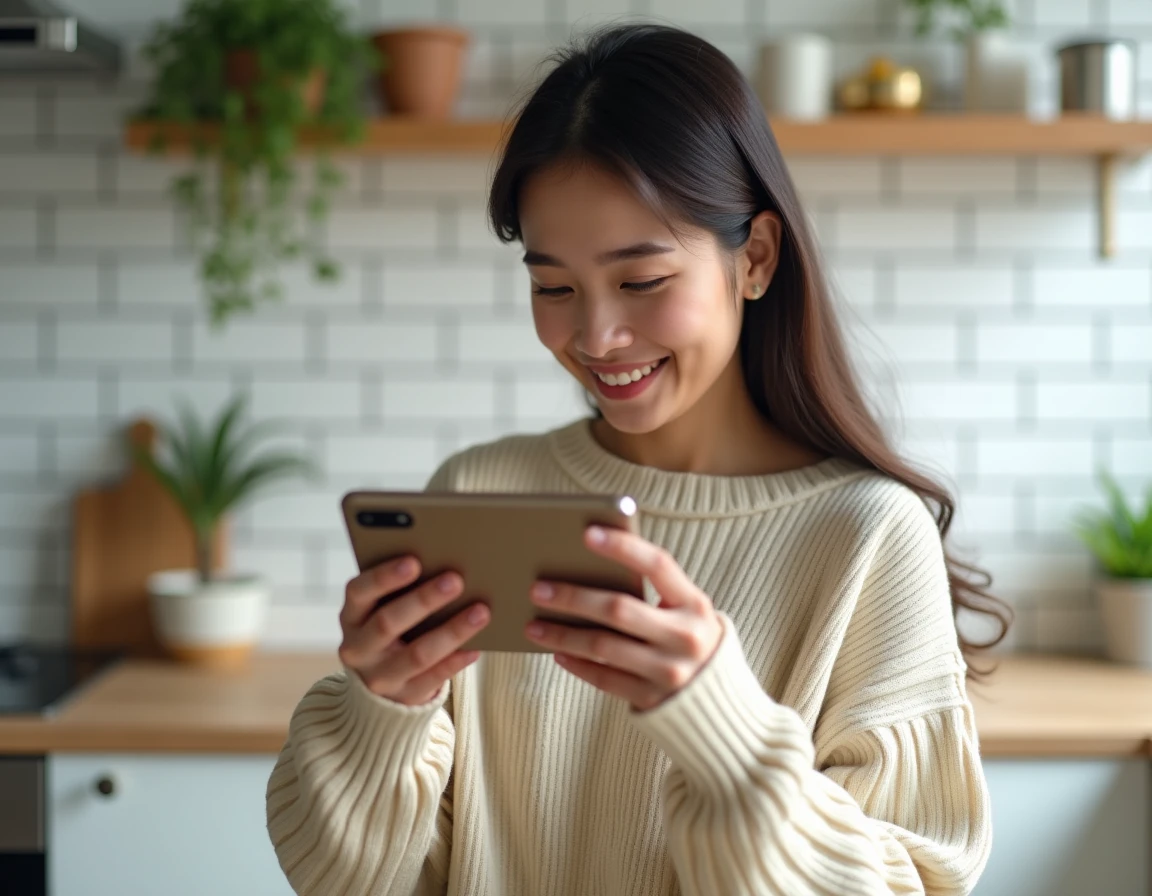 Jeune femme filmant une vidéo avec le Xiaomi 15 dans une cuisine moderne et lumineuse