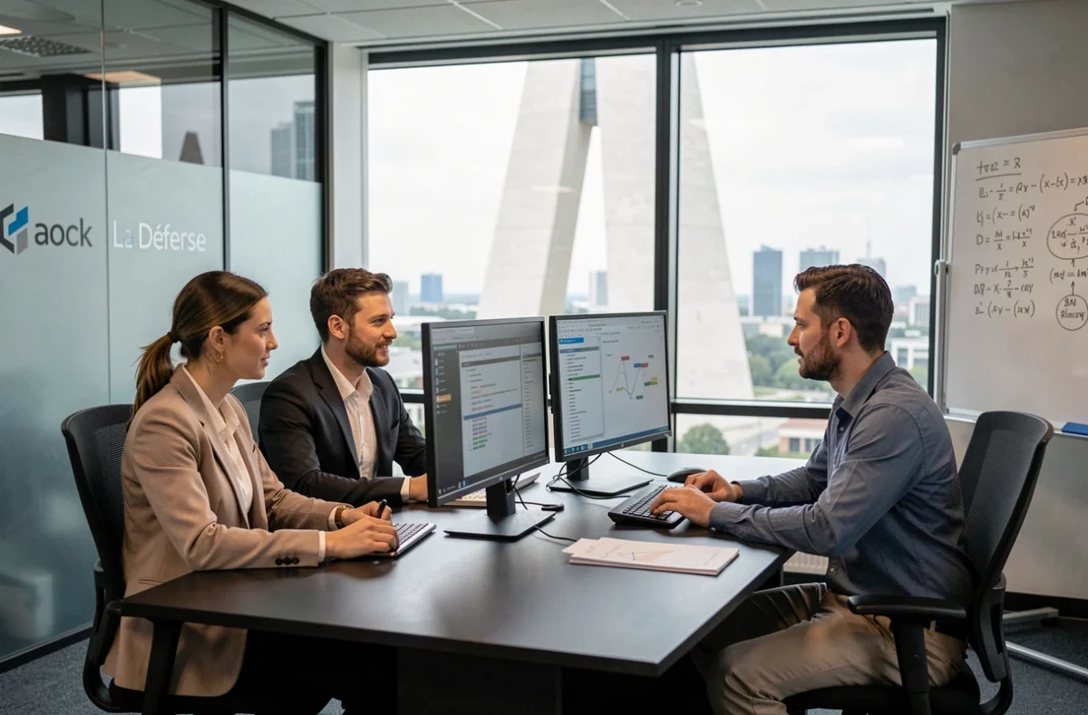 Équipe de data scientists de Fine Turing analysant des modèles d'apprentissage automatique dans leurs bureaux à La Défense