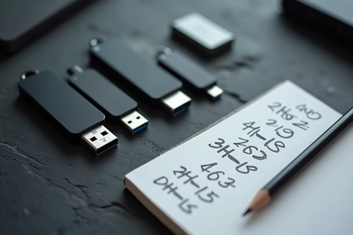 Clés USB et SSD disposés en flat-lay avec un tableau de conversion d'octets manuscrit sur un bloc-notes
