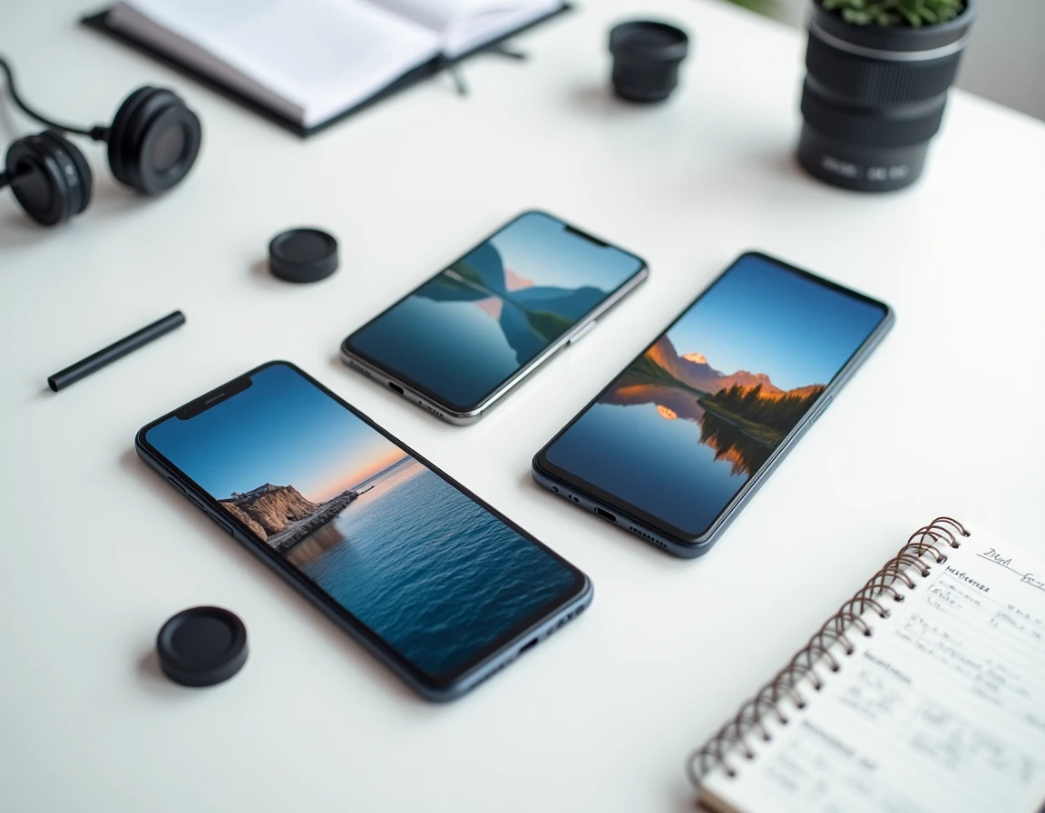 Vue aérienne de trois smartphones haut de gamme en comparatif photo posés sur fond blanc avec accessoires