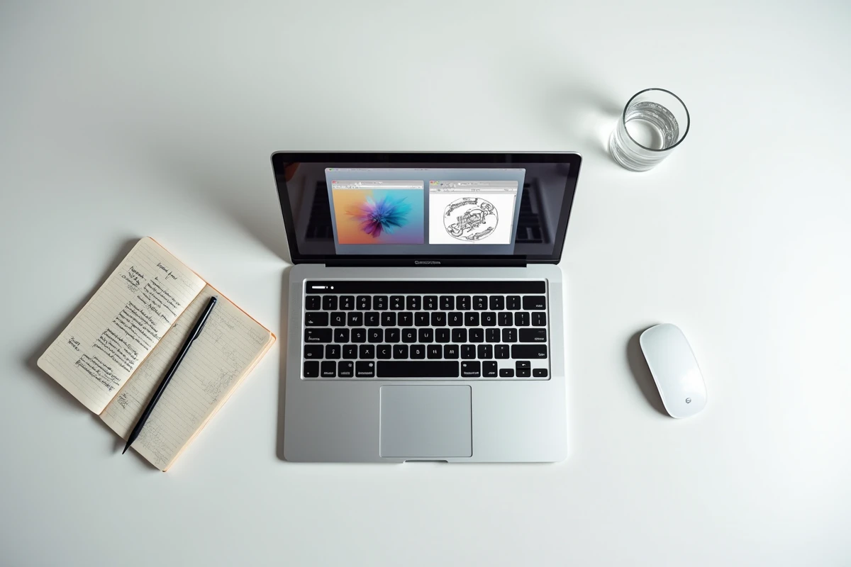 Vue aérienne d'un MacBook ouvert avec deux logiciels Paint comparés côte à côte sur l'écran, avec notes manuscrites