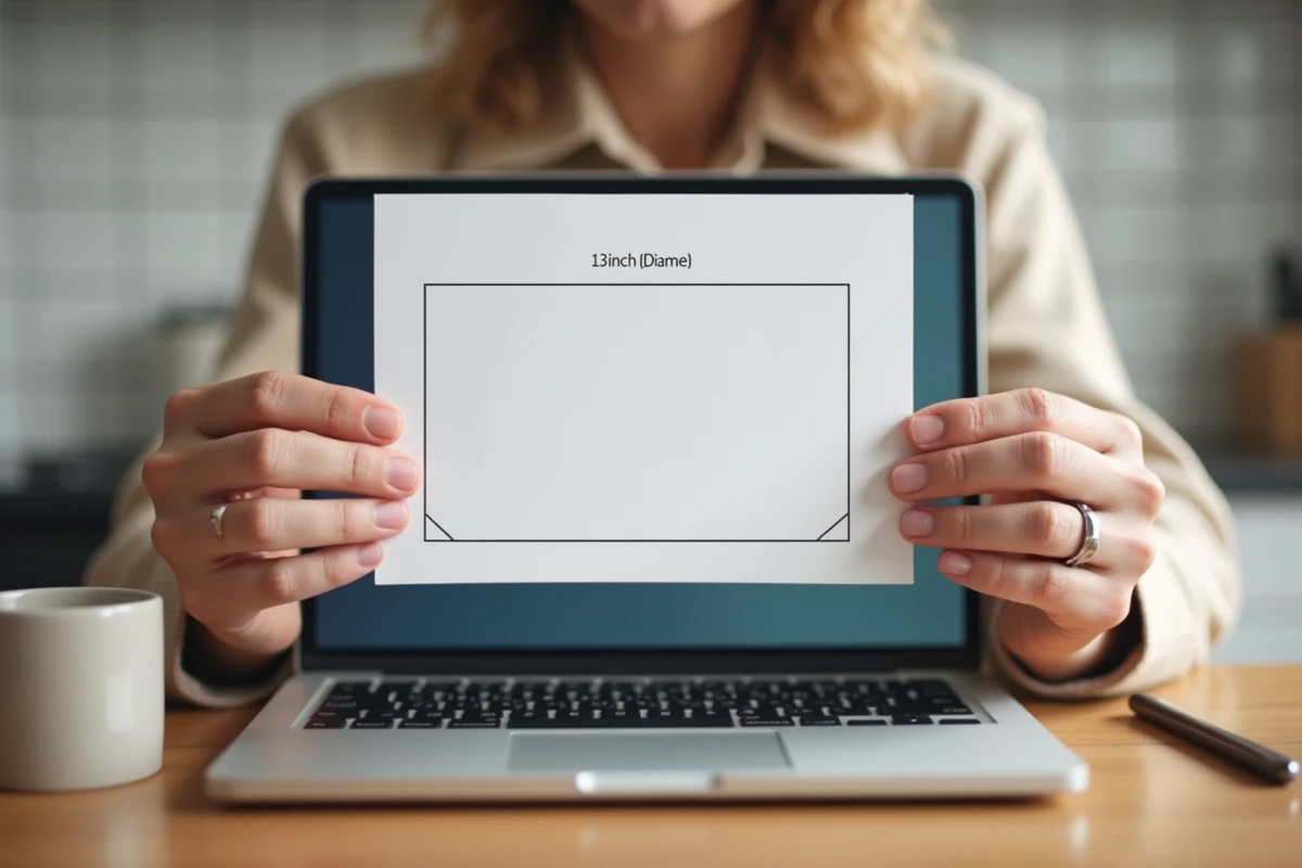 Mains comparant un gabarit papier à la taille d'un écran MacBook 13 pouces posé sur un comptoir de cuisine