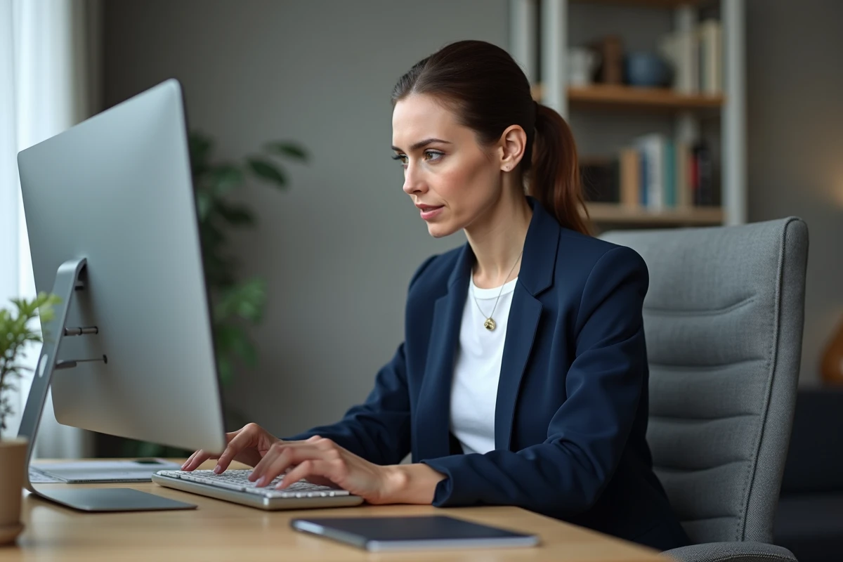 Femme gérant son carnet d'adresses dans le webmail 1&1 sur un ordinateur de bureau dans un bureau à domicile moderne