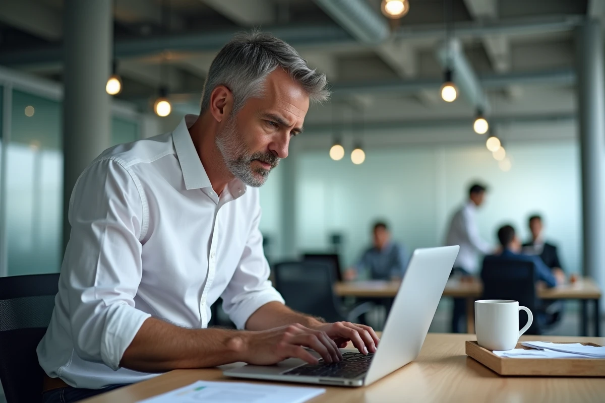 Homme gérant ses emails sur webmail dans un bureau professionnel en open space