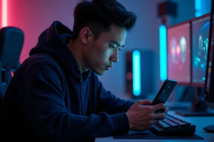 Jeune homme testant les performances gaming du Google Pixel 8 Pro dans une salle de jeu moderne avec setup RGB