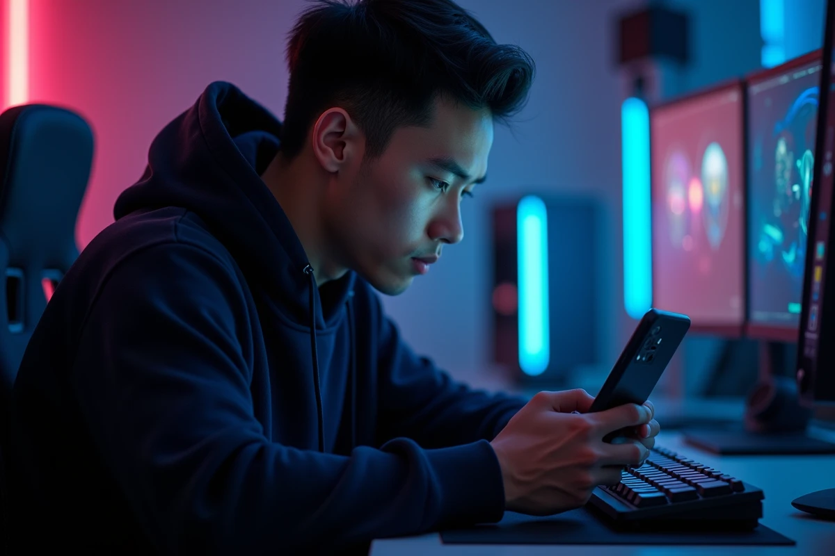 Jeune homme testant les performances gaming du Google Pixel 8 Pro dans une salle de jeu moderne avec setup RGB
