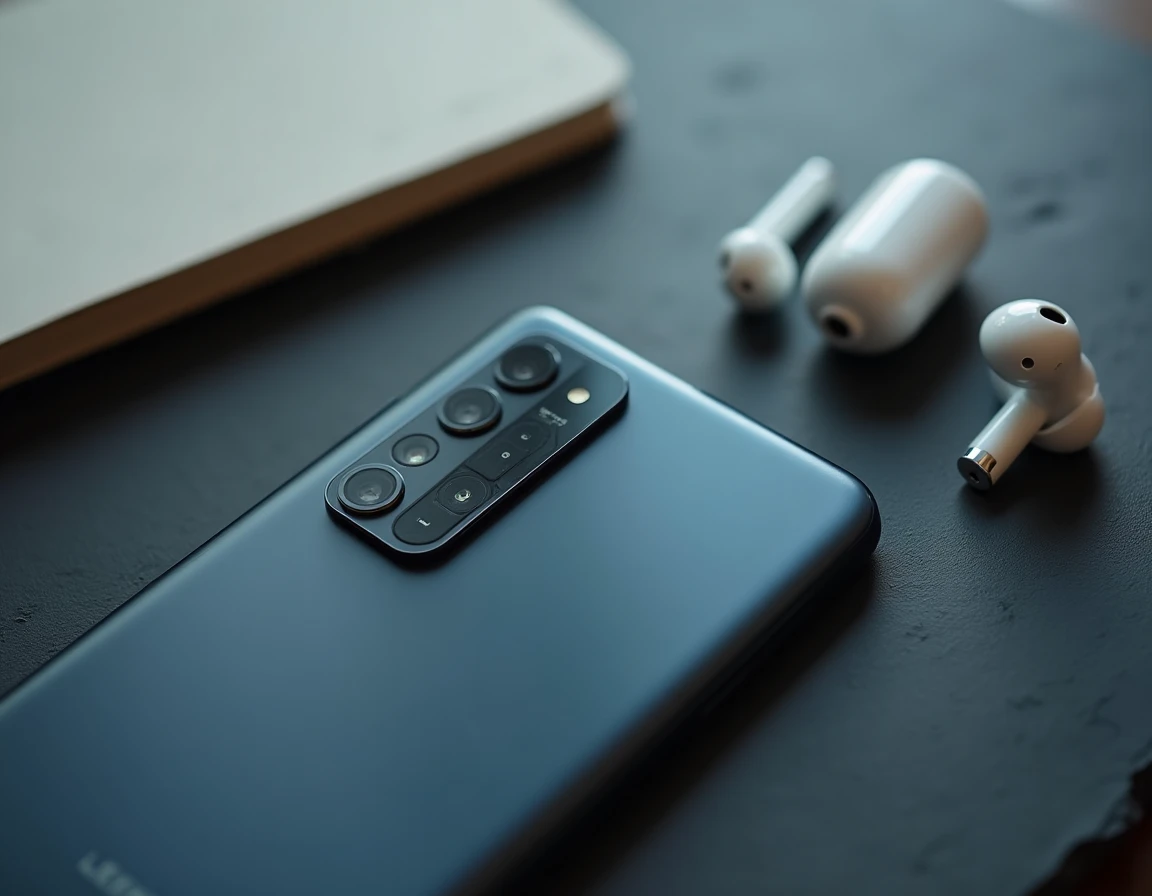Gros plan sur le module caméra du Xiaomi 15 posé sur une surface ardoise avec interface de montage vidéo