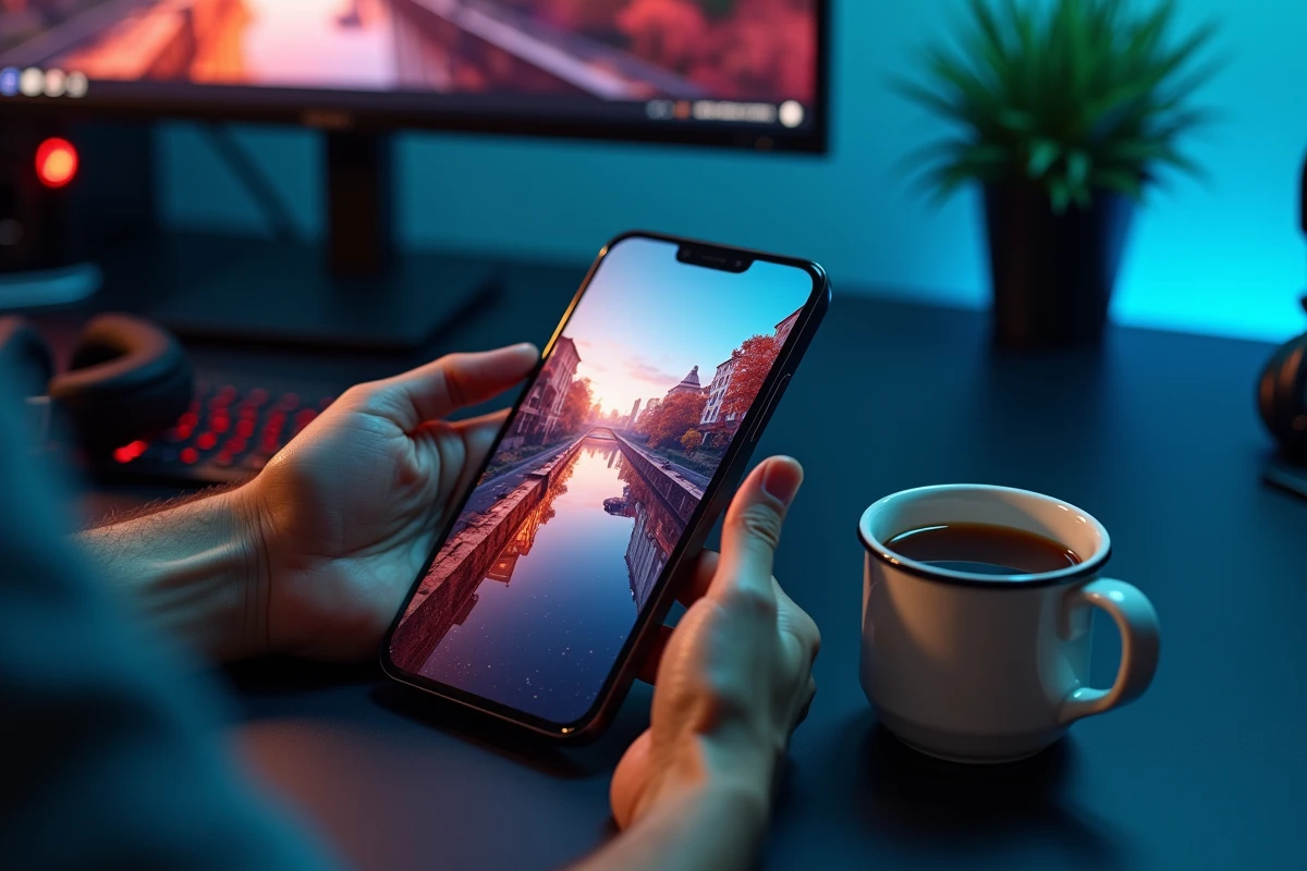 Gros plan sur l'écran du Google Pixel 8 Pro affichant un jeu mobile haute performance posé sur un bureau gaming