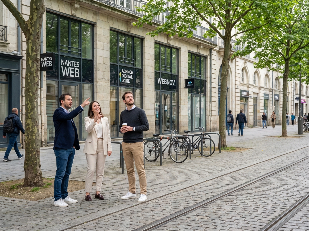 Groupe de trois personnes discutant devant agences web Nantes