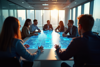 Groupe de professionnels autour d'une table avec ordinateur quantique