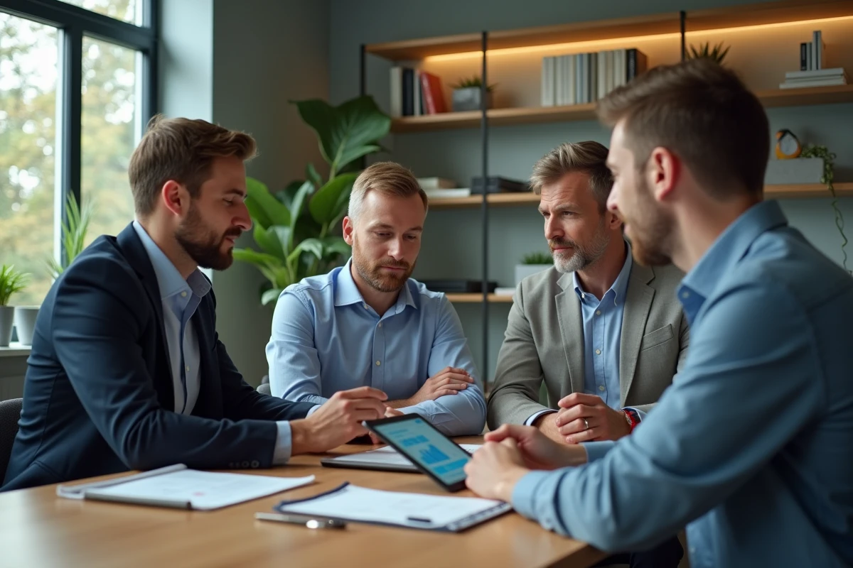 Groupe de professionnels discutant avec une tablette en réunion
