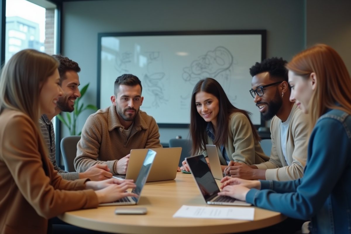 Groupe de jeunes adultes discutant en espace de coworking