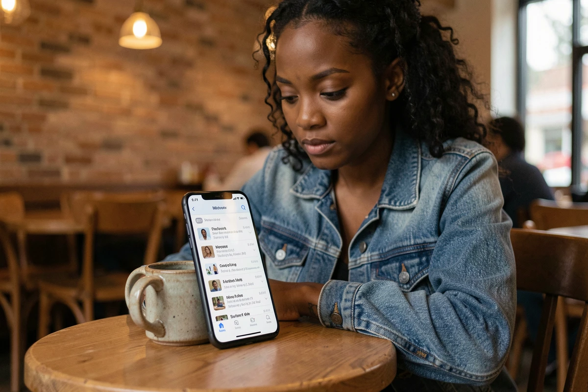 Femme consultant l'historique du presse-papier Android dans un café