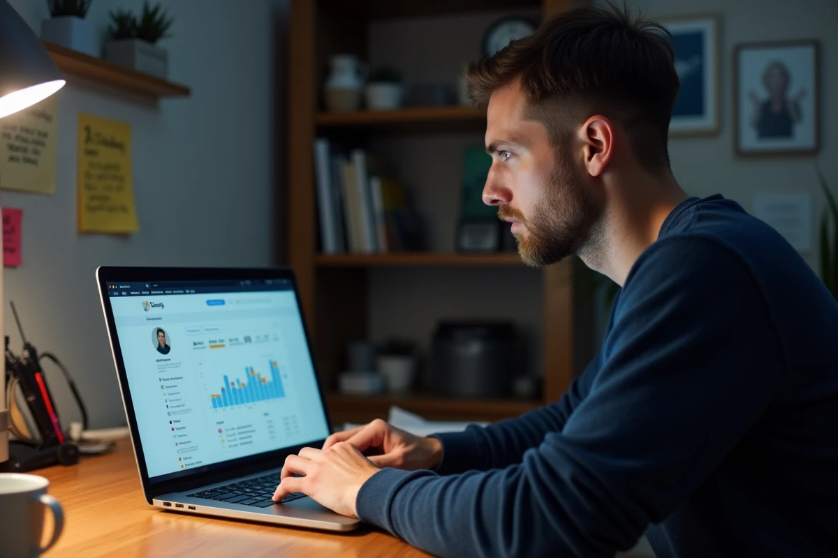 Homme analysant les statistiques de vues de Stories Instagram sur ordinateur portable dans un bureau à domicile