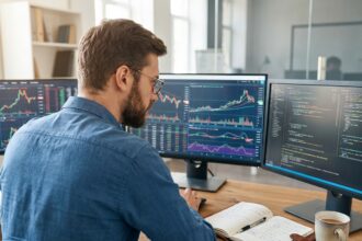 Homme en bureau moderne analysant des écrans de données