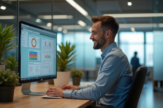 Homme d'affaires souriant devant un tableau de bord numérique
