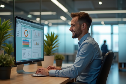 Homme d'affaires souriant devant un tableau de bord numérique